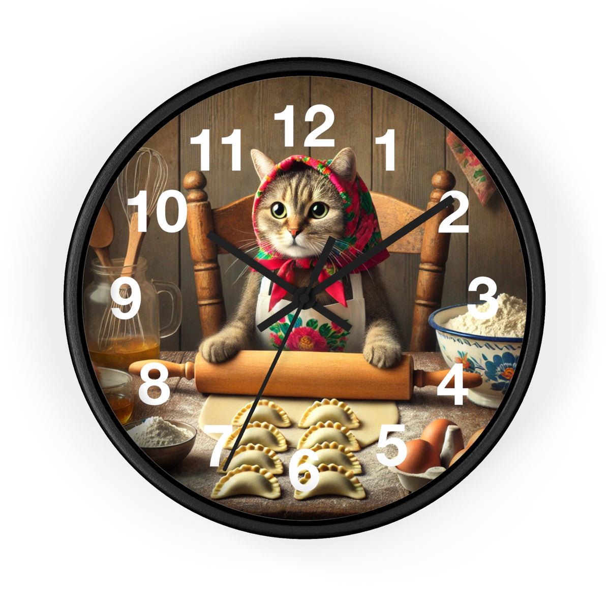 The Babushka Cat Making Pierogi Wall Clock features a cat in a headscarf rolling dough among pierogi, flour, and eggs—an ideal gift for cat lovers or a playful decor accent for any kitchen.