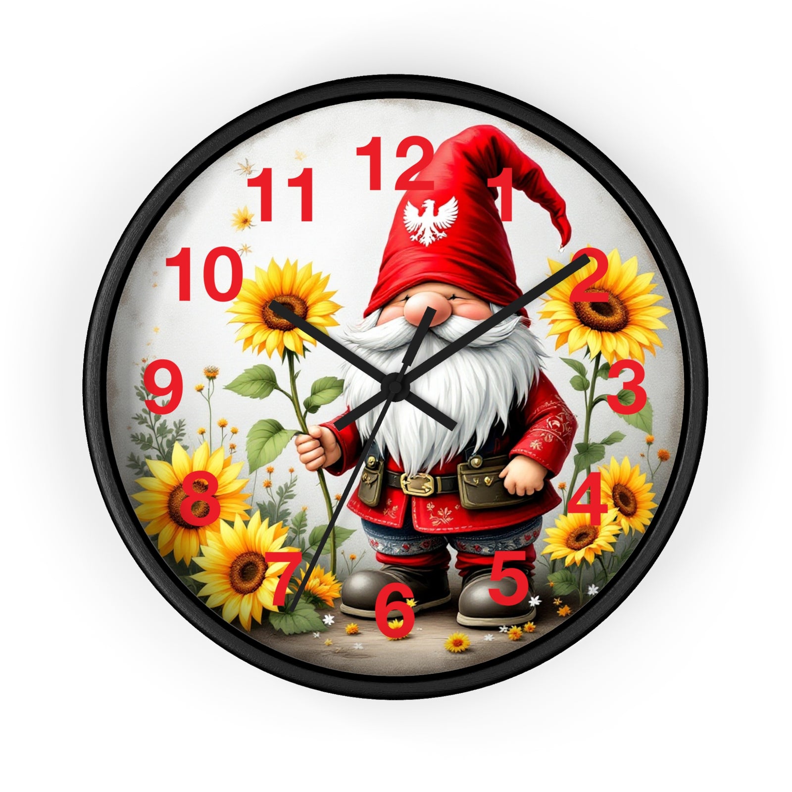 The Holiday Sunflower Polish Gnome Wall Clock features a gnome in a red hat and coat with sunflowers. It has black hour/minute hands, a red second hand, and red numbers on white. Black base adds charm to any Polish kitchen décor.