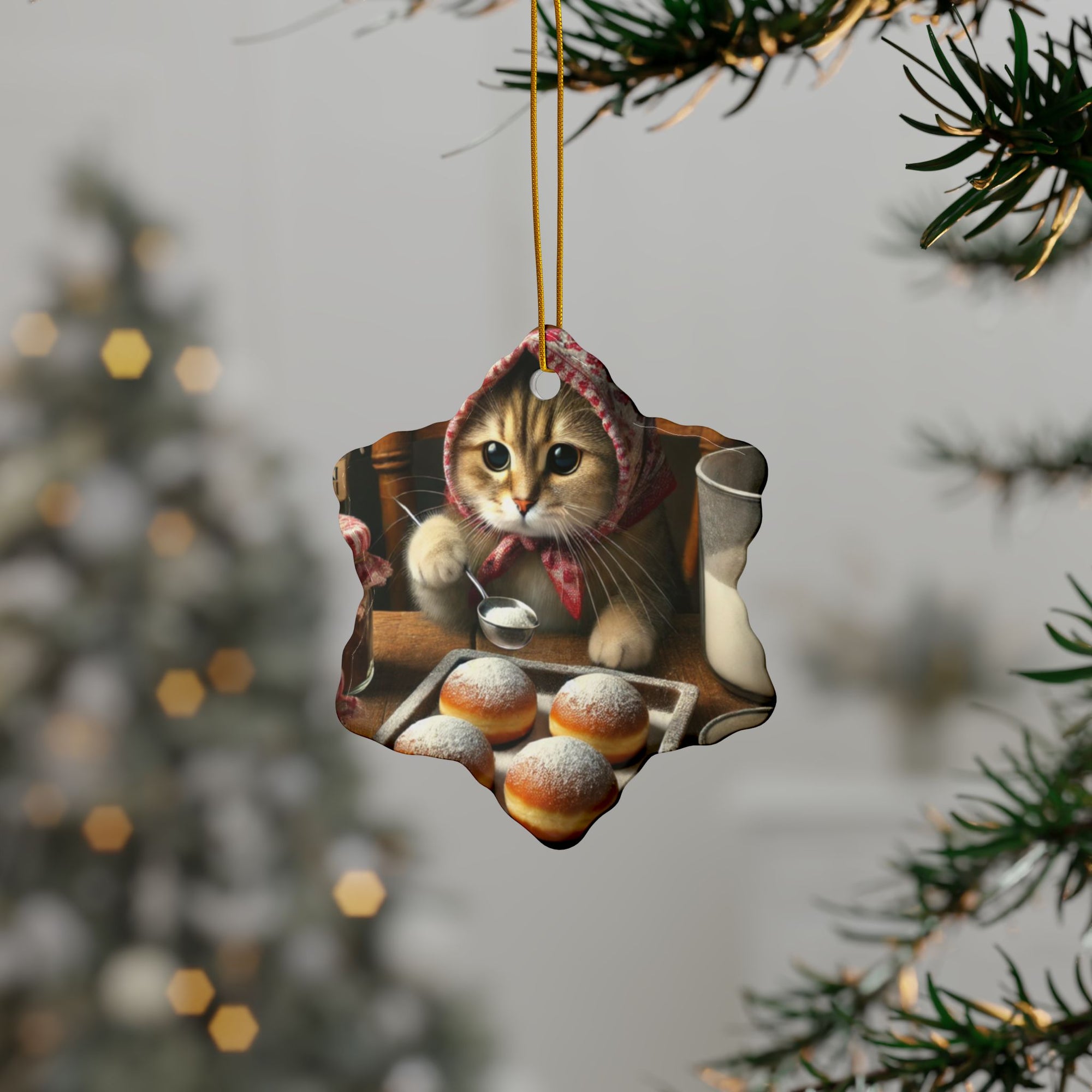 Babushka Cat Making Paczki Ceramic Ornaments