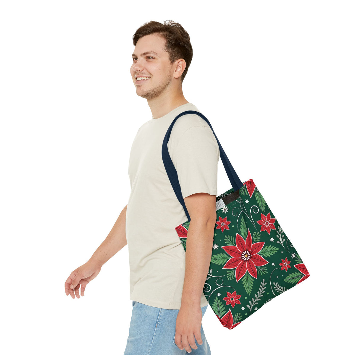 Christmas Poinsettia Folk Art Tote Bag