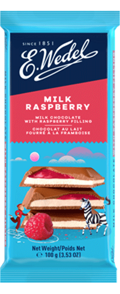 Wedel Milk-Raspberry Chocolate (Malinowa) 100g comes in a blue and pink wrapper with raspberry-filled chocolate, a raspberry, a zebra, and a squirrel on the front. Enjoy this delightful raspberry chocolate treat!.