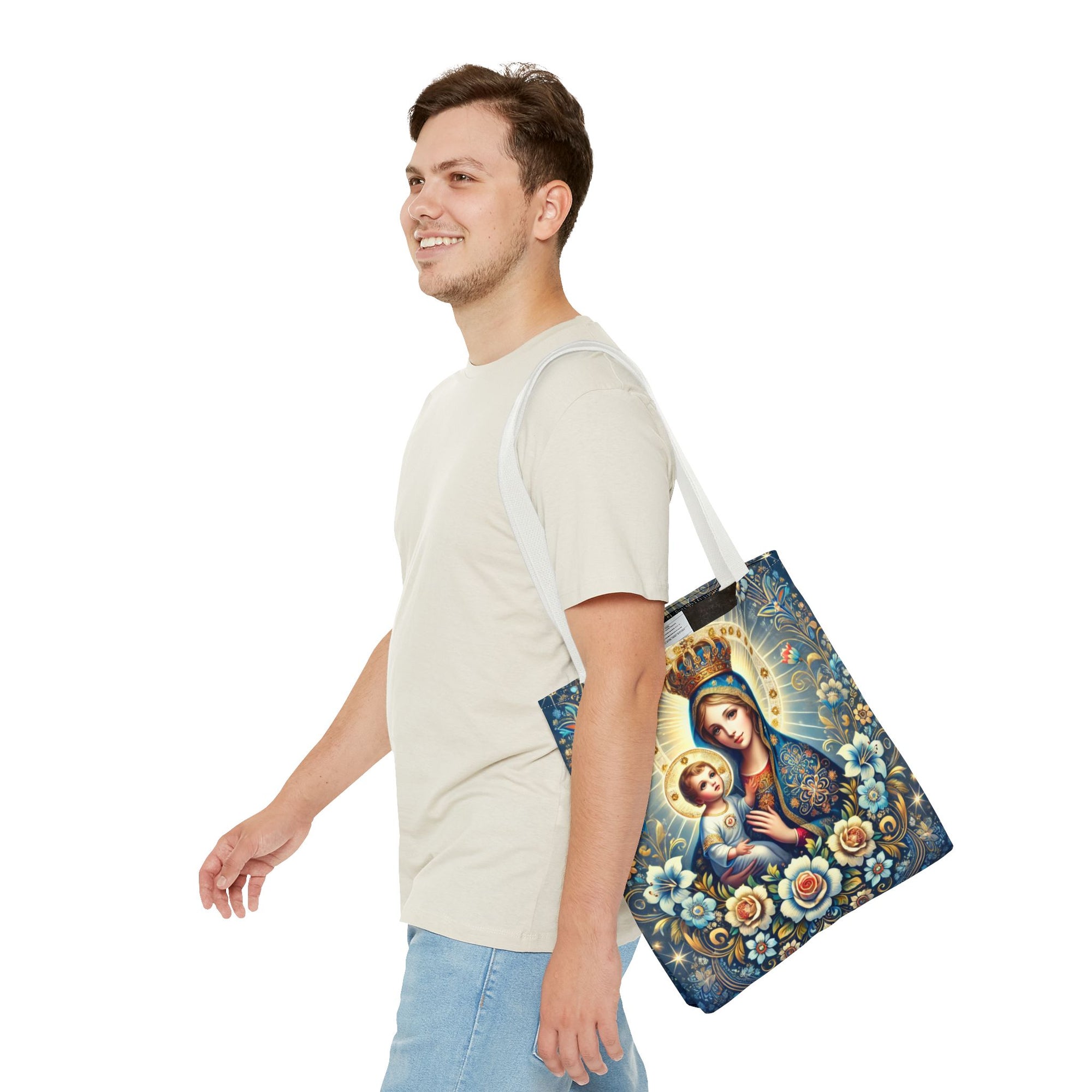 Virgin Mary Baby Jesus Floral Folk Art Tote Bag
