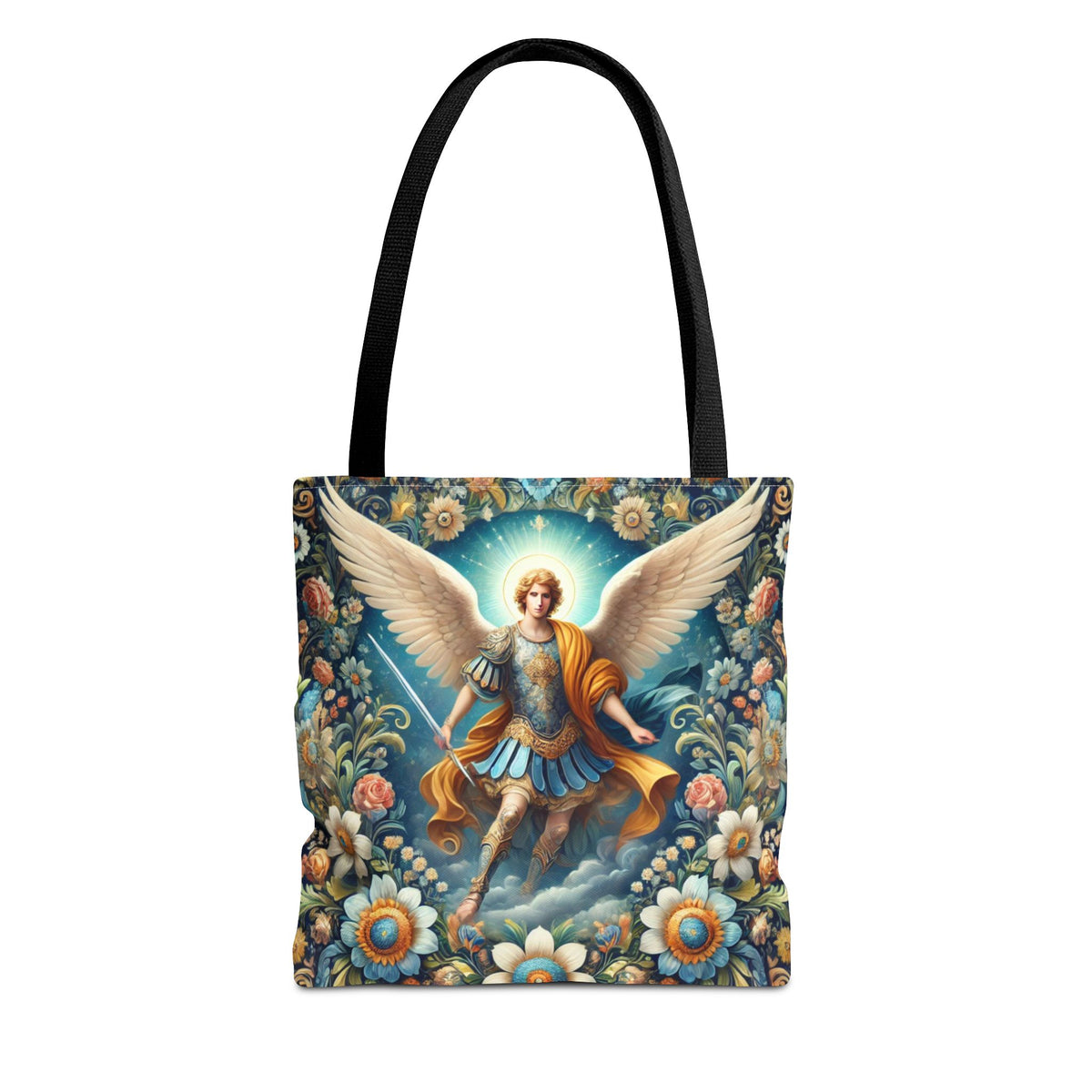 The Archangel Michael Floral Tote Bag features a durable black polyester design with an angel in white wings, halo, and armor, surrounded by vibrant floral patterns. This custom-printed tote is both stylish and practical.