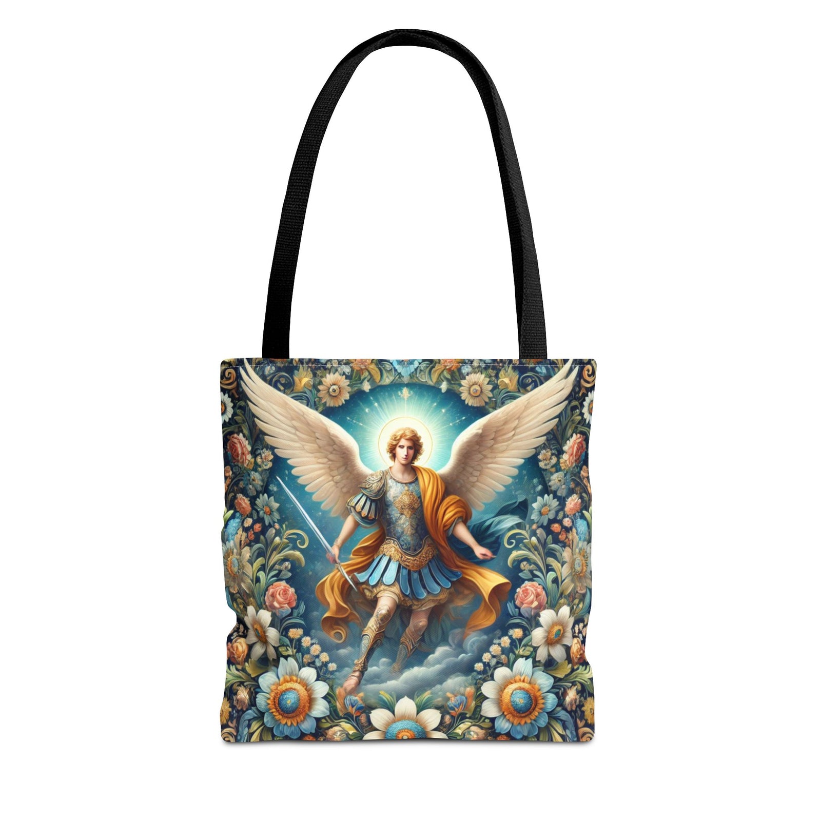 The Archangel Michael Floral Tote Bag features a durable black polyester design with an angel in white wings, halo, and armor, surrounded by vibrant floral patterns. This custom-printed tote is both stylish and practical.