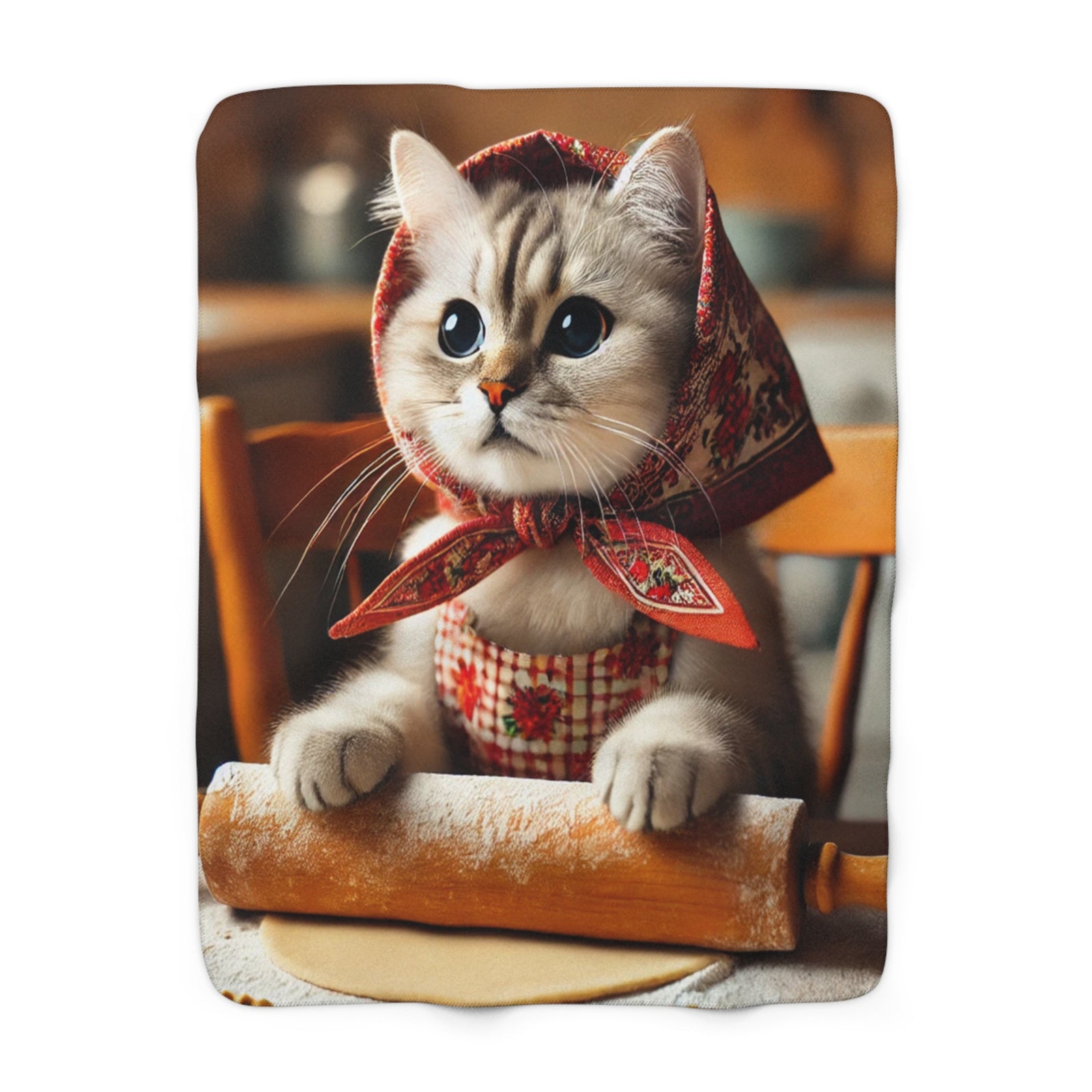 A cute cat in a red patterned headscarf and apron sits at a table with a rolling pin and dough—an adorable scene perfect for the Cute Polish Cat Sherpa Fleece Blanket, an ideal gift for any cat lover.