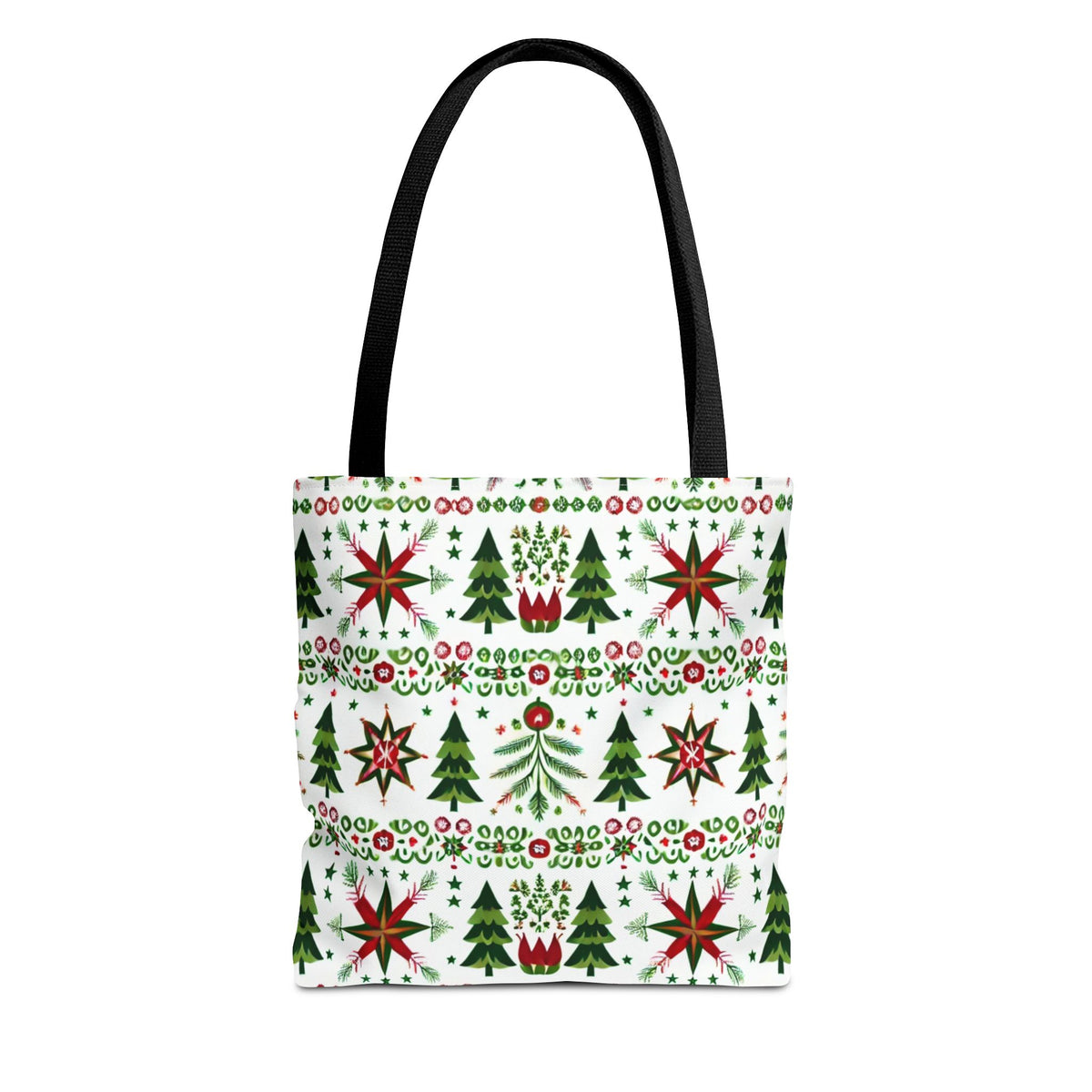The Polish Christmas Folk Art Pattern Stars Pines &amp; Florals Tote Bag features a festive design with stars, pines, and florals. This black polyester tote is durable with black handles—perfect for adding holiday cheer to your look.