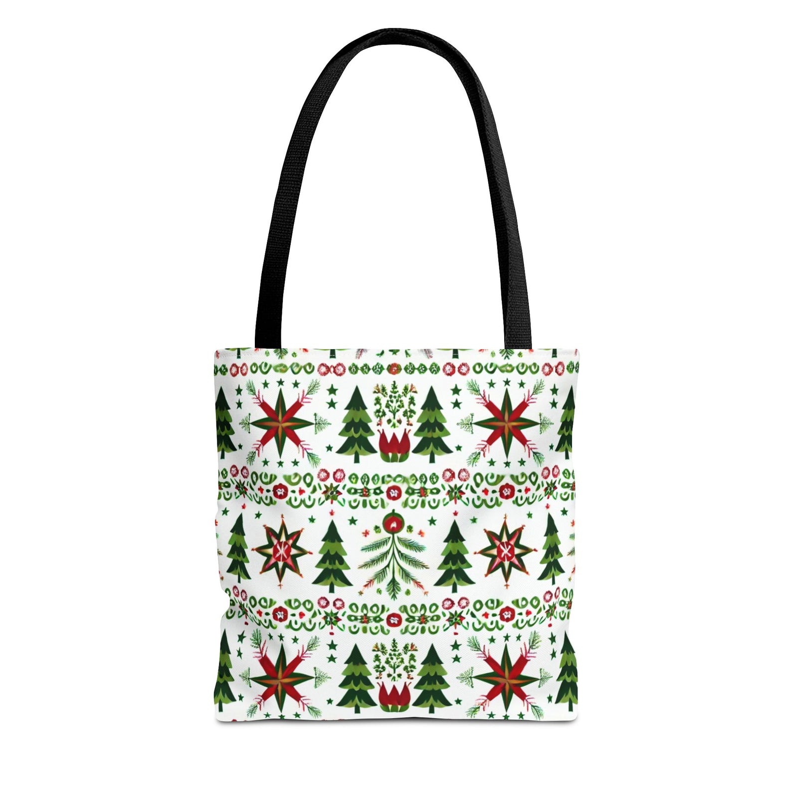 The Polish Christmas Folk Art Pattern Stars Pines & Florals Tote Bag features a festive design with stars, pines, and florals. This black polyester tote is durable with black handles—perfect for adding holiday cheer to your look.