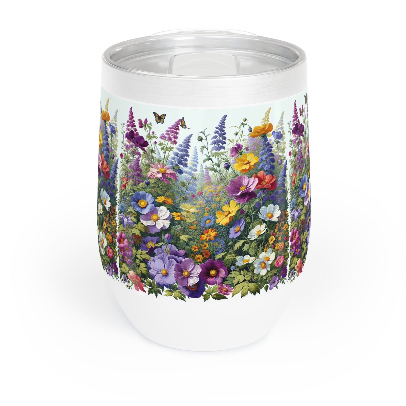 The Polish Floral Wine Tumbler in white features a colorful wraparound design of blooming wildflowers, green foliage, and butterflies. It keeps drinks at the perfect temperature and adds a vibrant floral touch to any setting.
