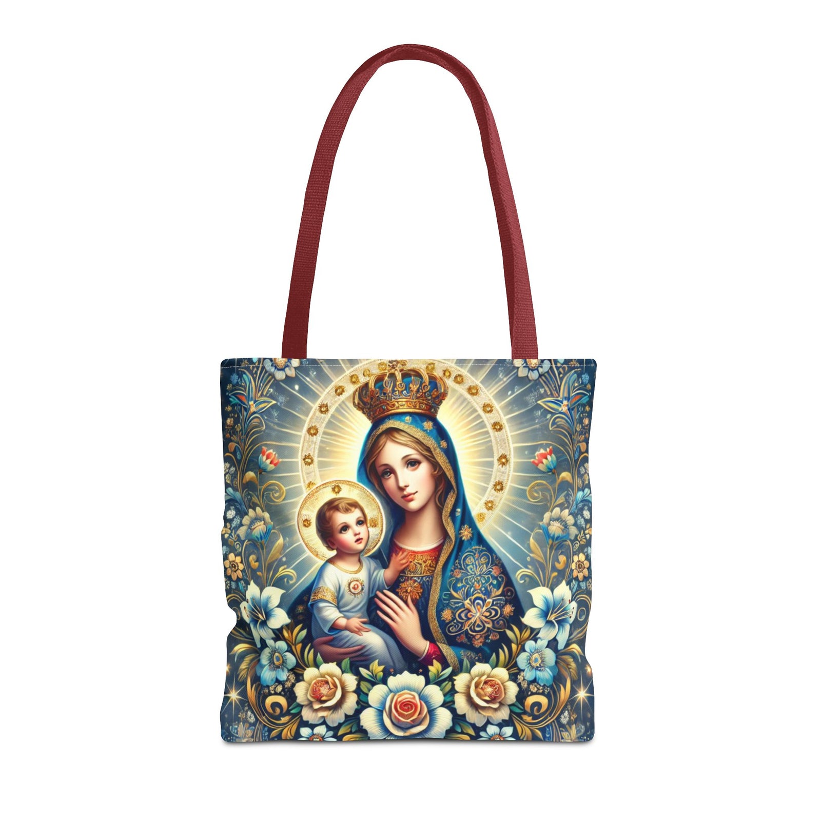 Virgin Mary Baby Jesus Floral Folk Art Tote Bag
