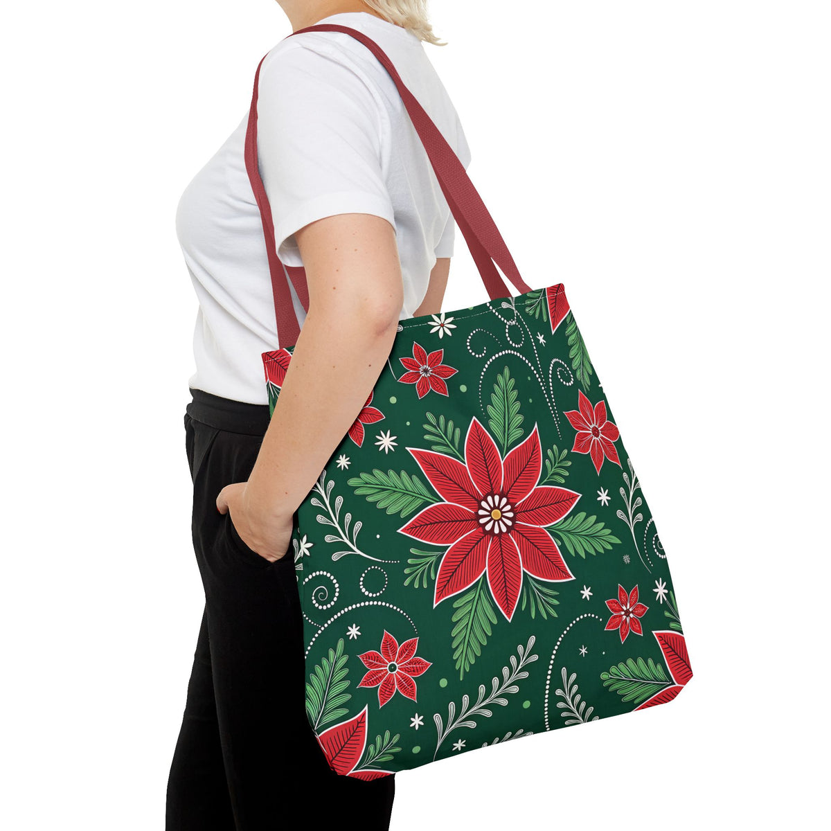 Christmas Poinsettia Folk Art Tote Bag