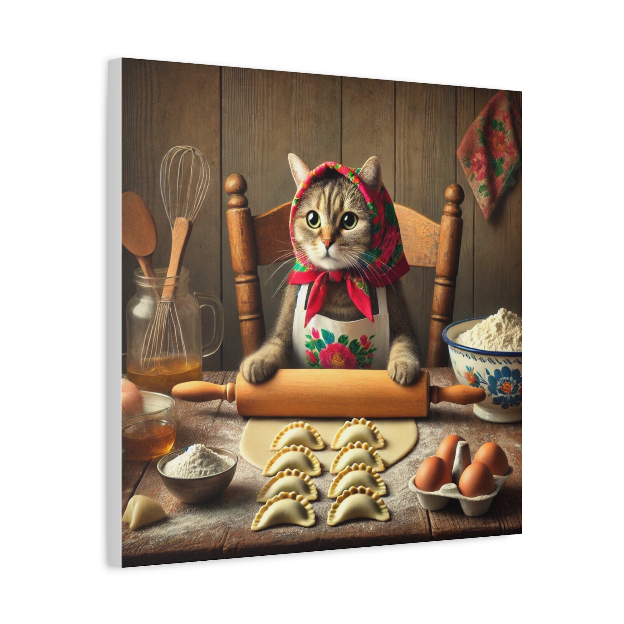 Babushka Cat Making Pierogi Matte Canvas, Stretched, 1.25"