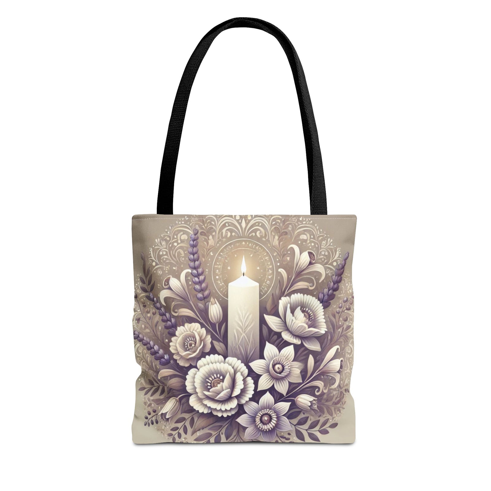The All Saints Day Religious Floral Folk Art Tote Bag in black features a custom print of a lit white candle with purple and white flowers and ornate patterns, crafted from durable polyester for everyday use.