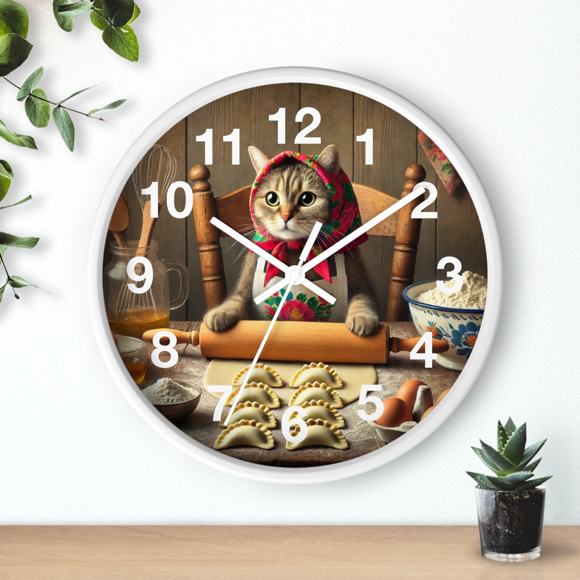 Babushka Cat Making Pierogi Wall Clock