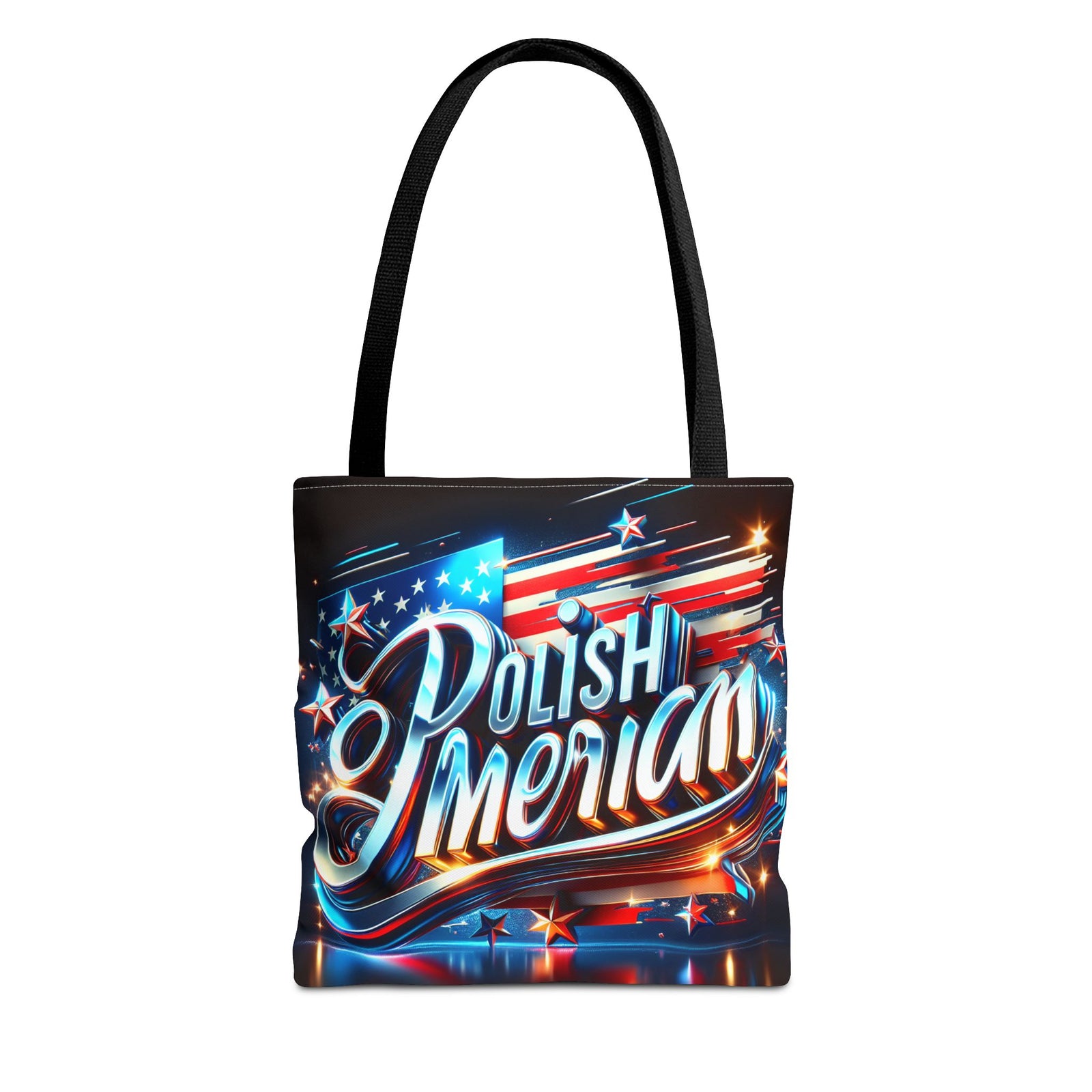 The Polish American Pride Tote Bag features "Polish American" in bold, red, white, and blue with stars and stripes. It has sturdy black handles, a striking flag-inspired design, and comes in classic black for a stylish display of heritage.
