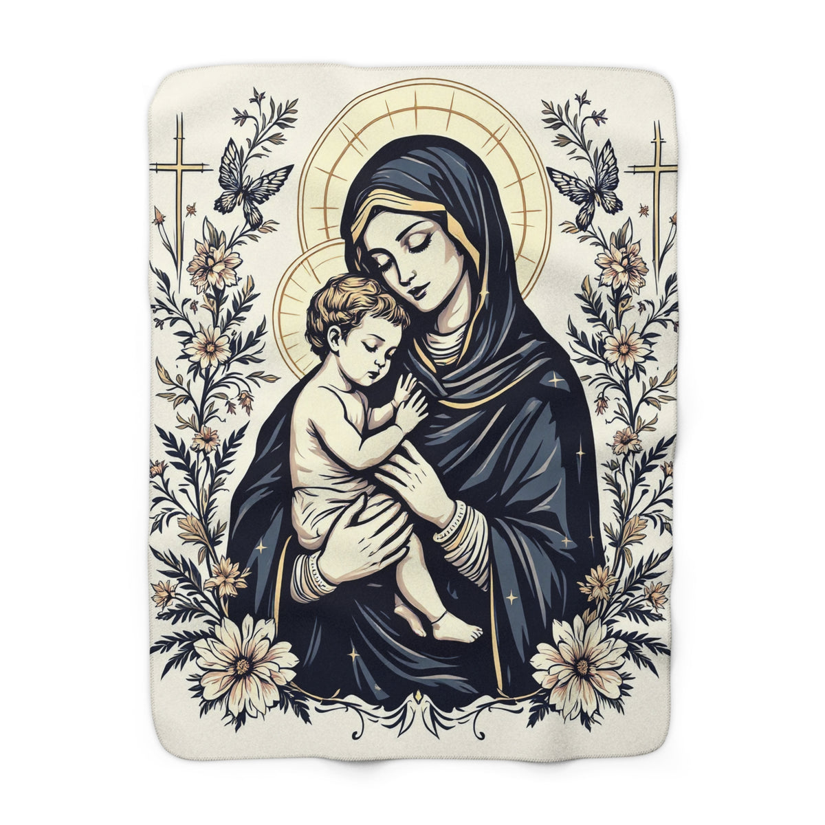 Wrap yourself in comfort with the Mary &amp; Child Sherpa Fleece Blanket—featuring serene artwork of a cloaked woman holding a child with golden halos, flowers, and birds. A perfect touch of cozy religious home decor.