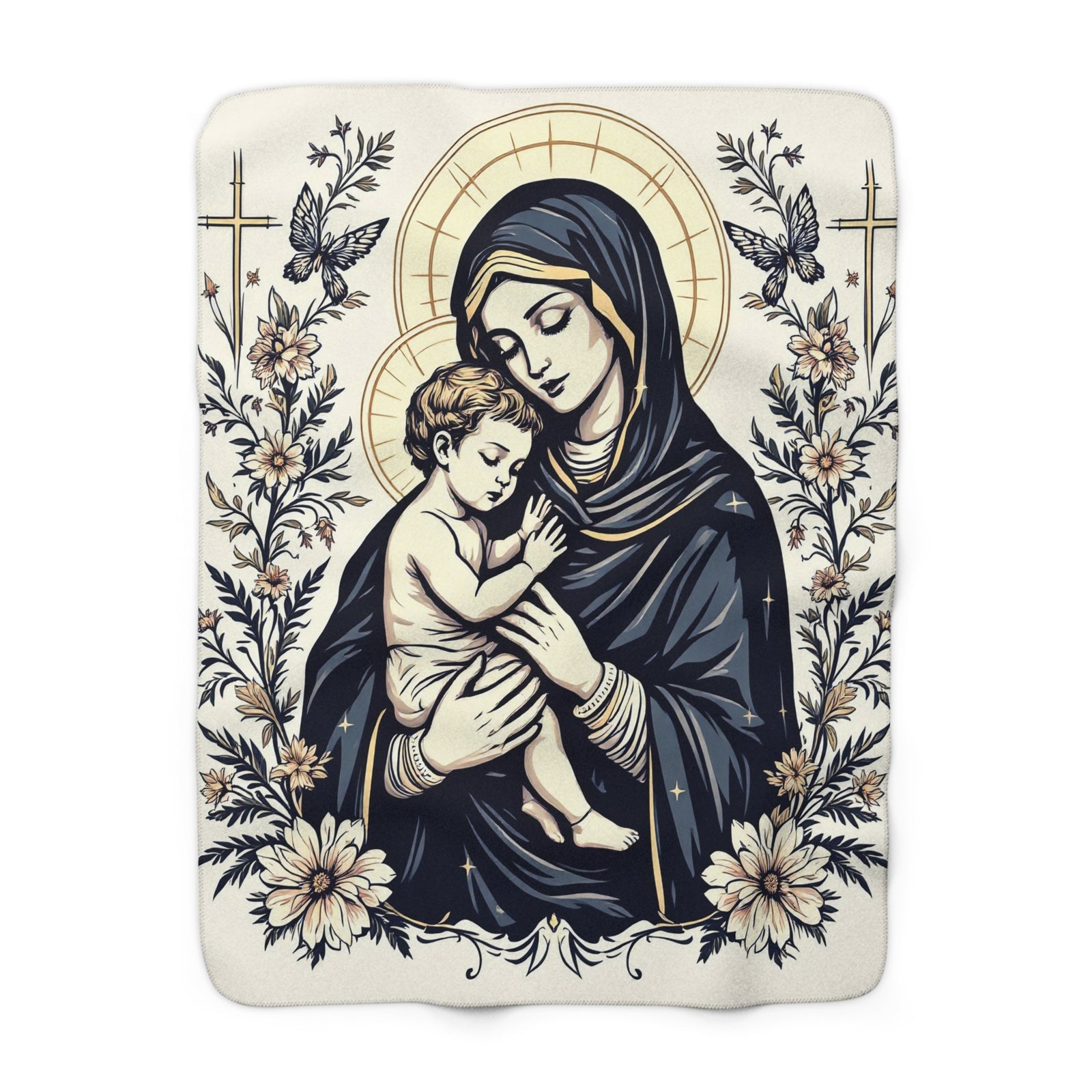 Wrap yourself in comfort with the Mary & Child Sherpa Fleece Blanket—featuring serene artwork of a cloaked woman holding a child with golden halos, flowers, and birds. A perfect touch of cozy religious home decor.