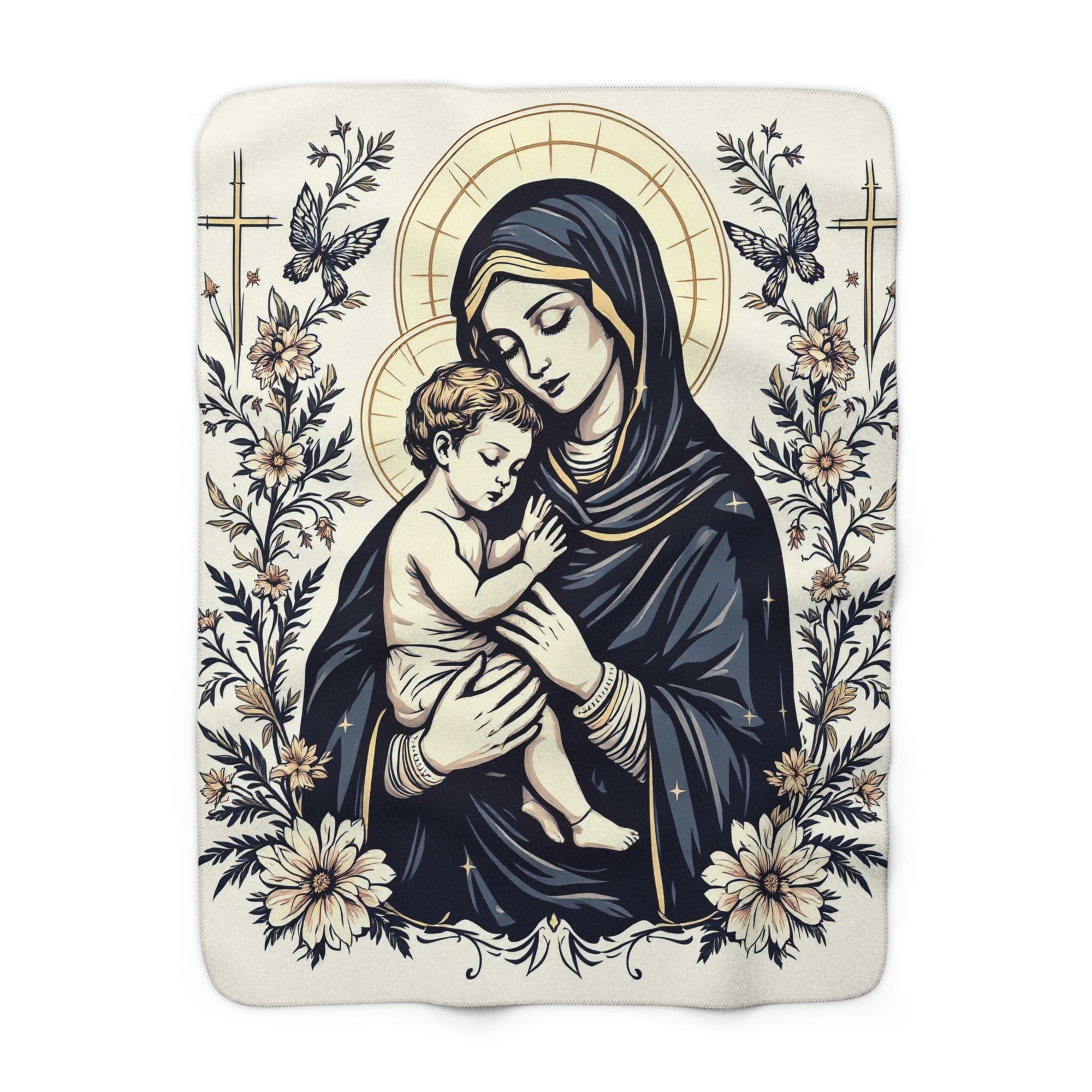 Wrap yourself in comfort with the Mary & Child Sherpa Fleece Blanket—featuring serene artwork of a cloaked woman holding a child with golden halos, flowers, and birds. A perfect touch of cozy religious home decor.