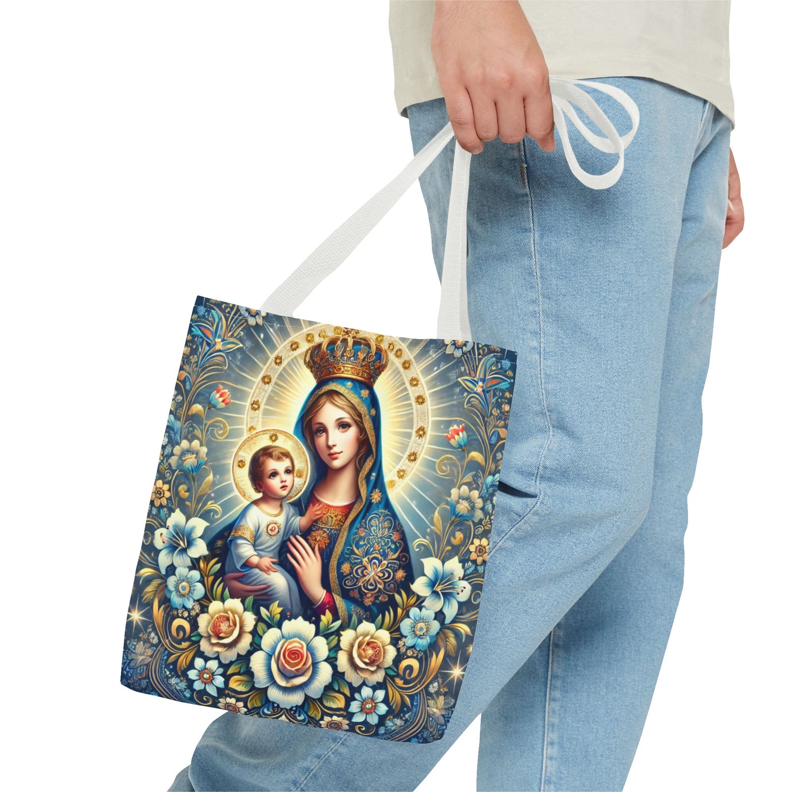 Virgin Mary Baby Jesus Floral Folk Art Tote Bag