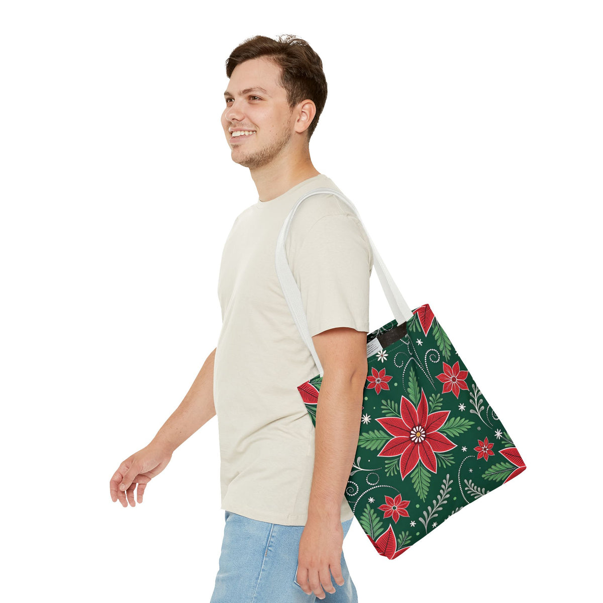 Christmas Poinsettia Folk Art Tote Bag