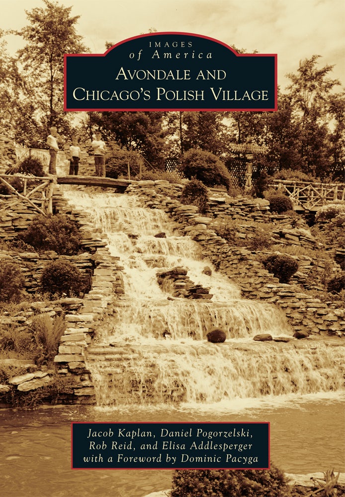 The sepia-toned cover of &quot;Avondale and Chicago&#39;s Polish Village&quot; features a tiered stone waterfall with people and trees in Avondale, highlighting Chicago history. Authors and foreword are listed in a red box at the bottom.