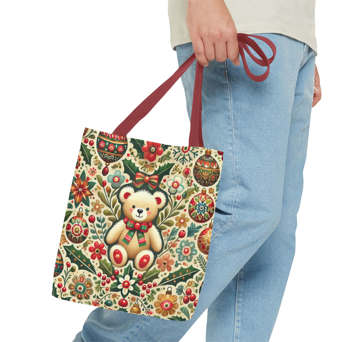 Festive Teddy Bear Folk Art Christmas Holiday Tote Bag