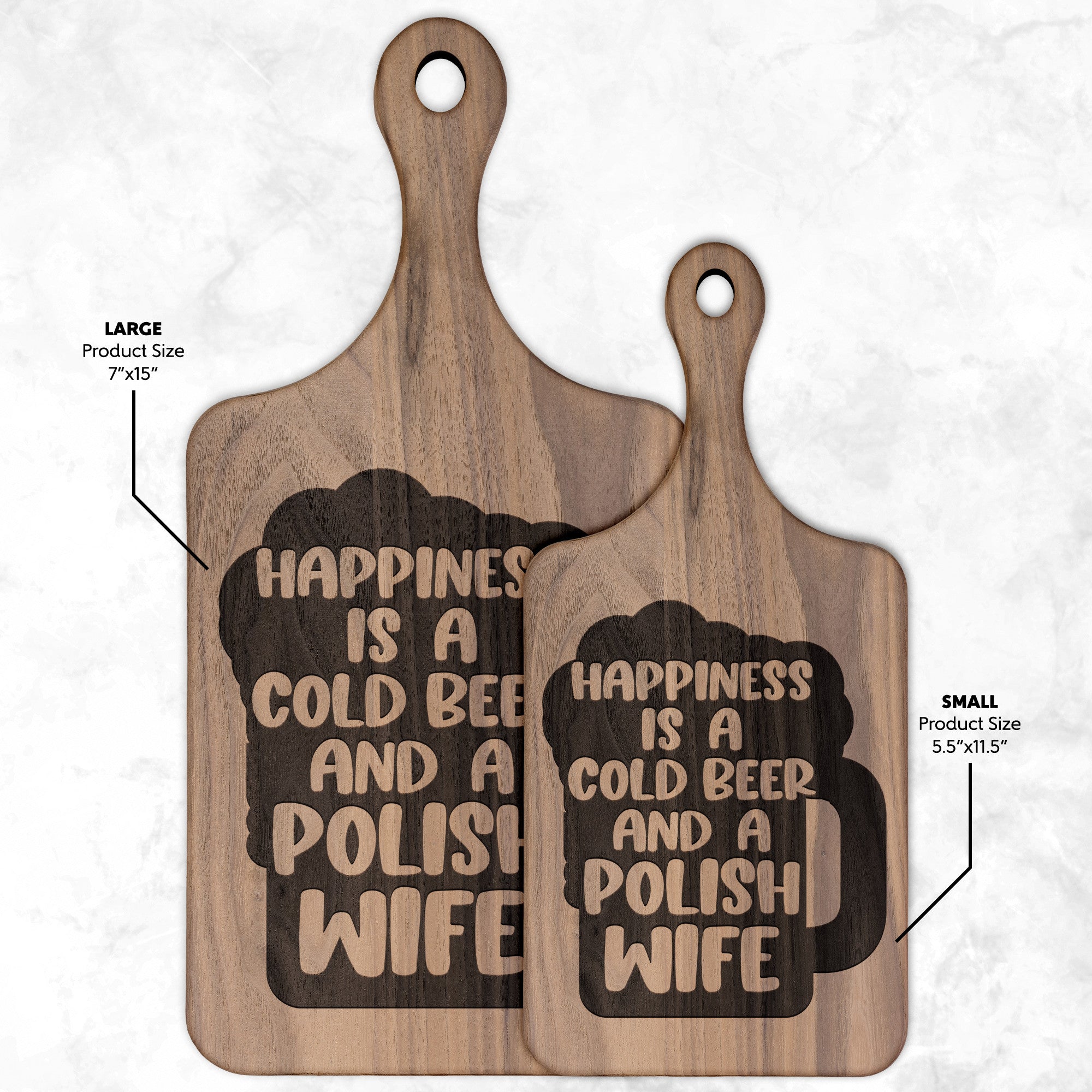 Cold Beer Polish Wife Hardwood Paddle Cutting Board Kitchenware teelaunch Small Walnut 