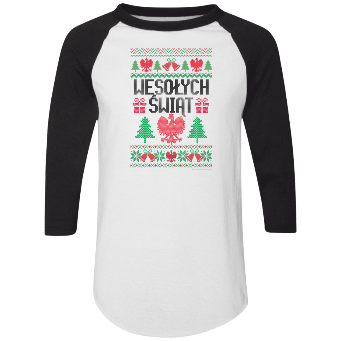 The Wesolych Swiat Christmas Raglan in white/black features festive red and green patterns, two trees, a red eagle, and "Wesołych Świąt" in the center.