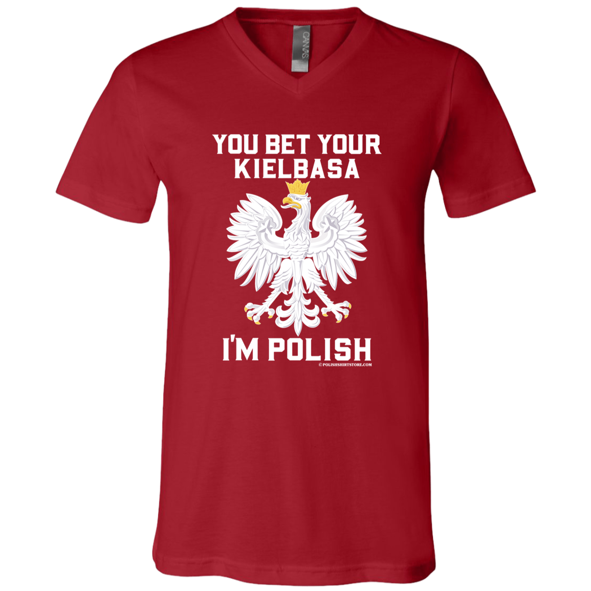 You Bet Your Kielbasa I'm Polish Apparel CustomCat 3005 Unisex Jersey SS V-Neck T-Shirt Canvas Red X-Small