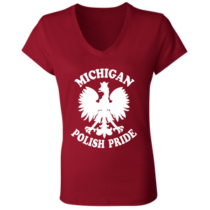 Michigan Polish Pride - B6005 Ladies' Jersey V-Neck T-Shirt / Red / S - Polish Shirt Store