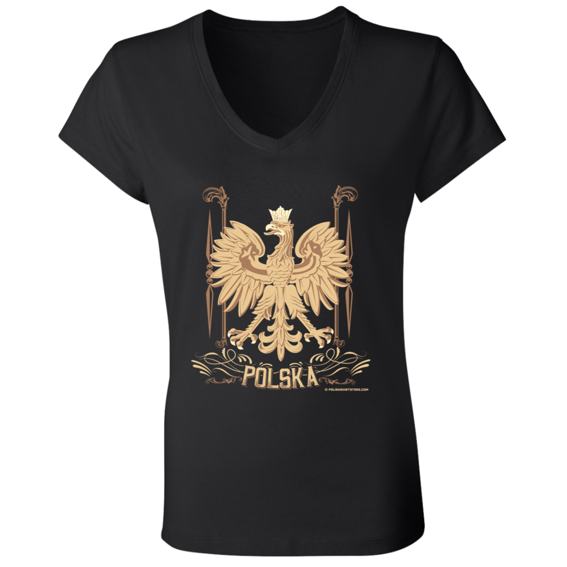 Polska Gold Polish Eagle Apparel CustomCat B6005 Ladies' Jersey V-Neck T-Shirt Black S