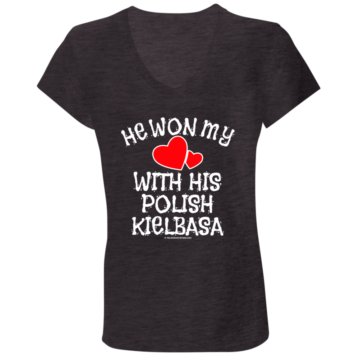 He Won My Heart With His Polish Kielbasa Apparel CustomCat B6005 Ladies' Jersey V-Neck T-Shirt Dark Grey Heather S