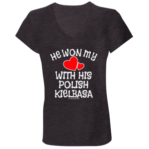 He Won My Heart With His Polish Kielbasa - B6005 Ladies' Jersey V-Neck T-Shirt / Dark Grey Heather / S - Polish Shirt Store