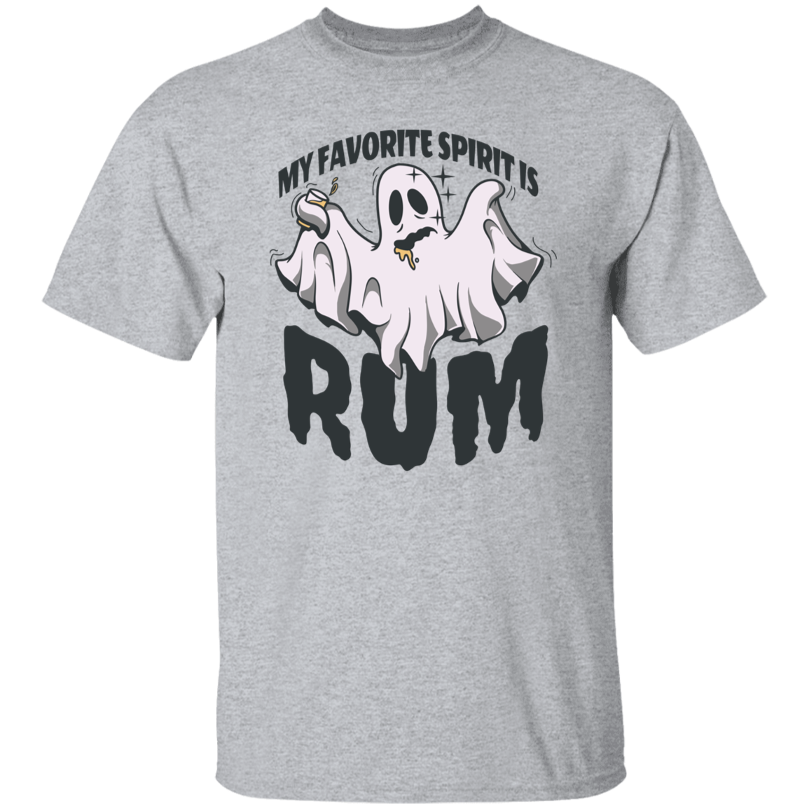 The "My Favorite Spirit is Rum" t-shirt in Sport Grey features a cartoon ghost holding a bottle, with the words “MY FAVORITE SPIRIT IS” above and “RUM” below—ideal for rum fans and cocktail enthusiasts.