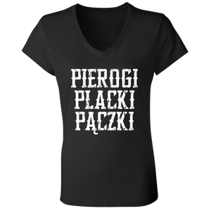 Pierogi Placzki Paczki Tongue-Twisting Tee - B6005 Ladies' Jersey V-Neck T-Shirt / Black / S - Polish Shirt Store