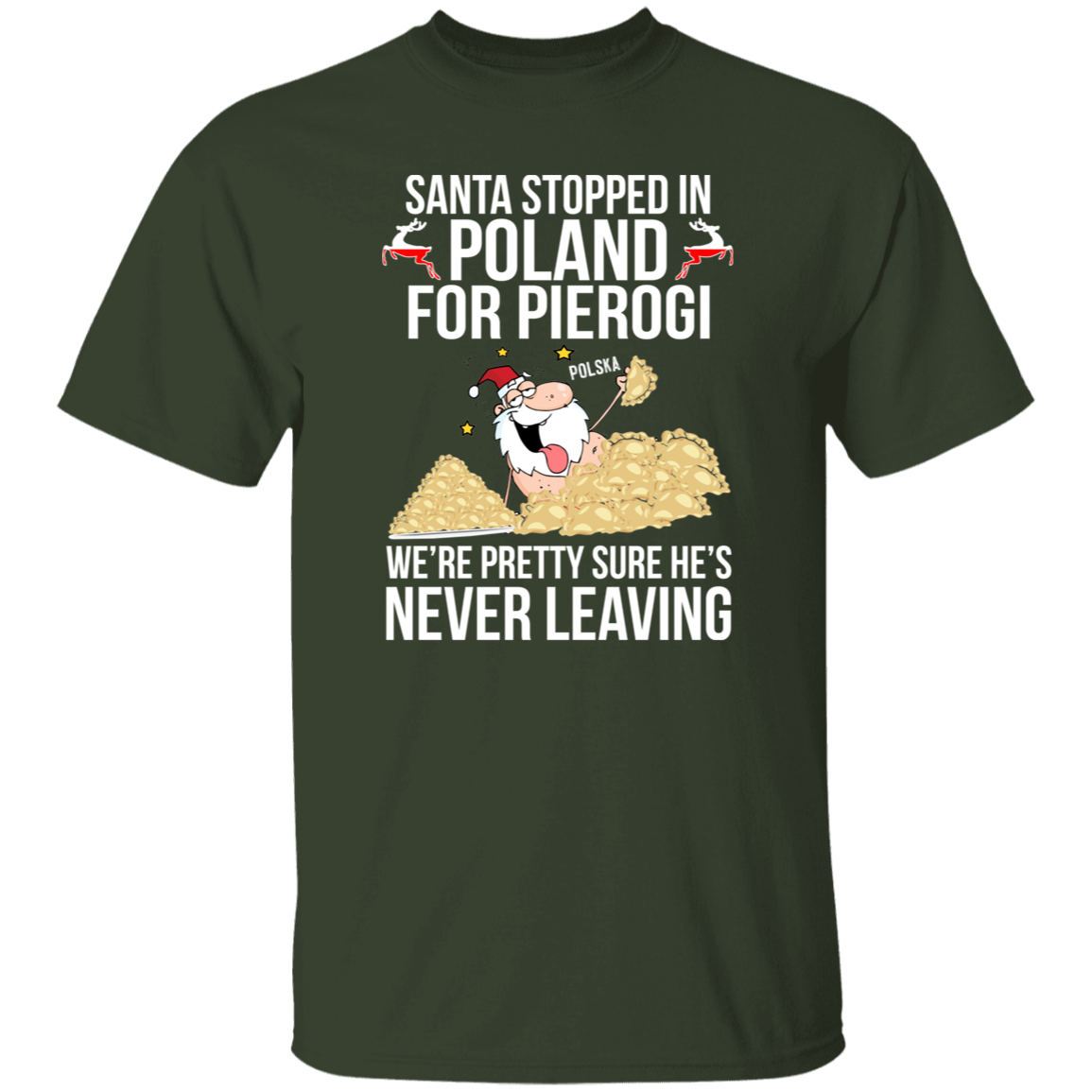 Santa Stopped in Poland for Pierogi Apparel CustomCat G500 5.3 oz. T-Shirt Forest S