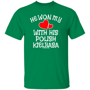 He Won My Heart With His Polish Kielbasa - G500 5.3 oz. T-Shirt / Turf Green / S - Polish Shirt Store