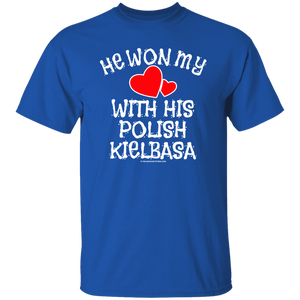 He Won My Heart With His Polish Kielbasa - G500 5.3 oz. T-Shirt / Royal / S - Polish Shirt Store