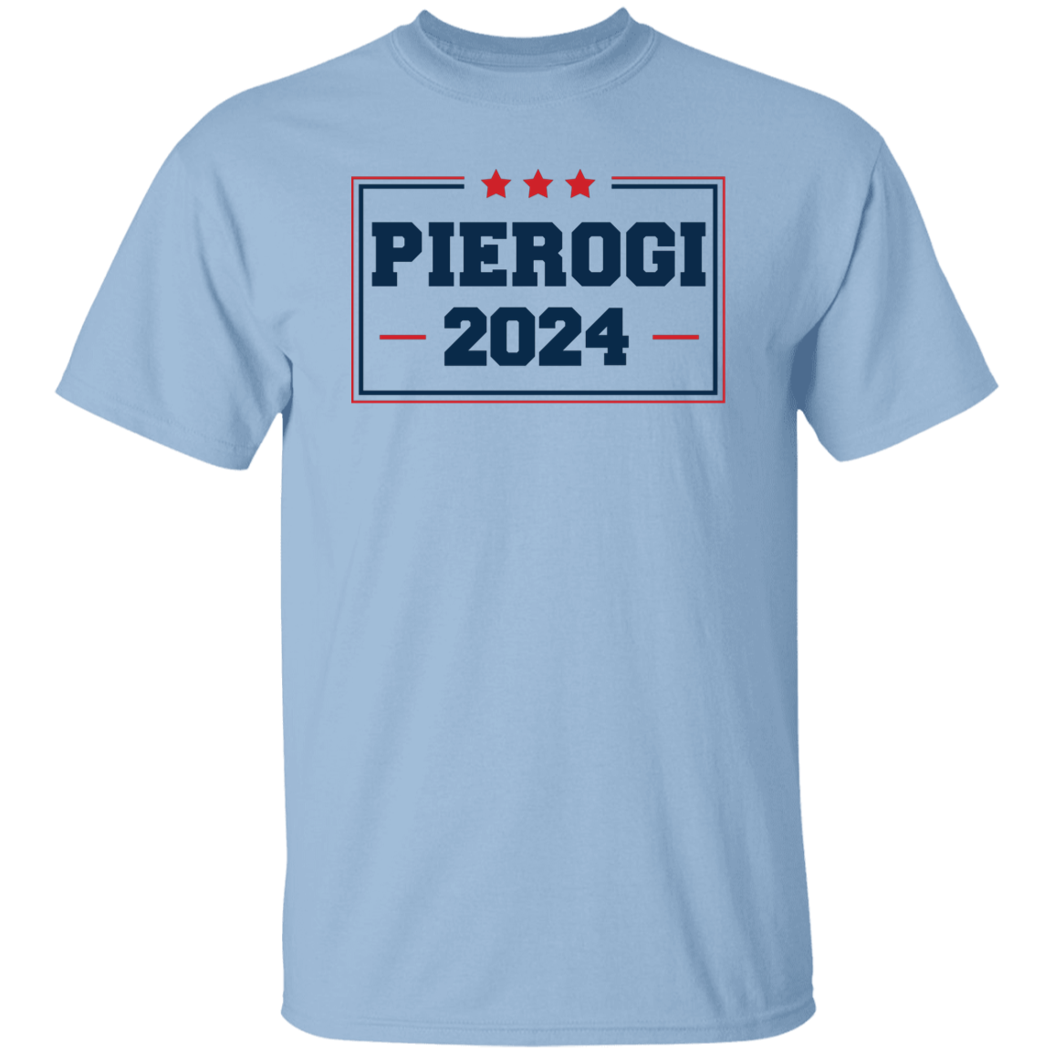 The pierogi 2024 tee is a light blue heavyweight unisex shirt made from eco-friendly cotton, featuring a bold dark blue "PIEROGI 2024" DIGISOFT print with red lines and three red stars above the text.