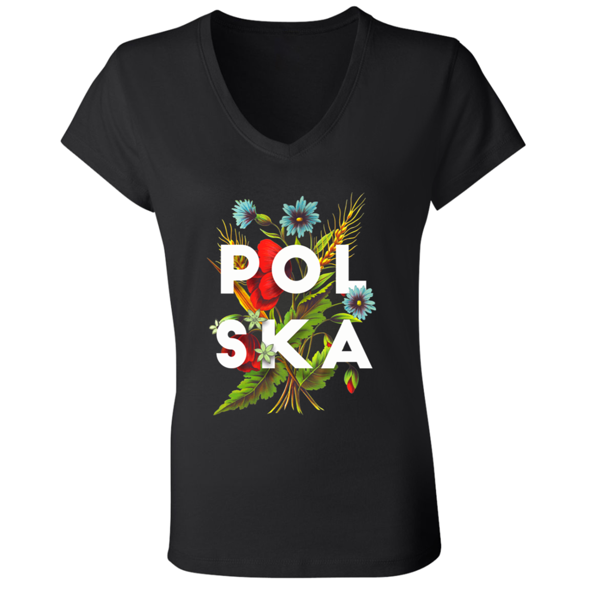 Polska Flowers Apparel CustomCat B6005 Ladies' Jersey V-Neck T-Shirt Black S