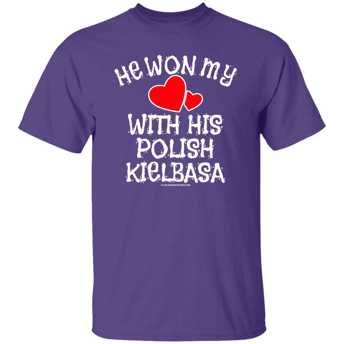 He Won My Heart With His Polish Kielbasa Apparel CustomCat G500 5.3 oz. T-Shirt Purple S