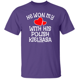 He Won My Heart With His Polish Kielbasa - G500 5.3 oz. T-Shirt / Purple / S - Polish Shirt Store