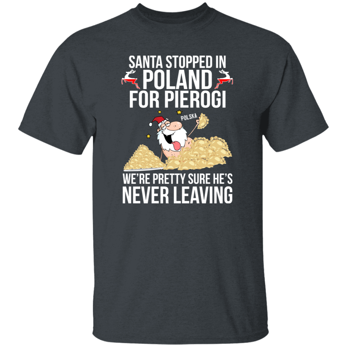 Santa Stopped in Poland for Pierogi Apparel CustomCat G500 5.3 oz. T-Shirt Dark Heather S
