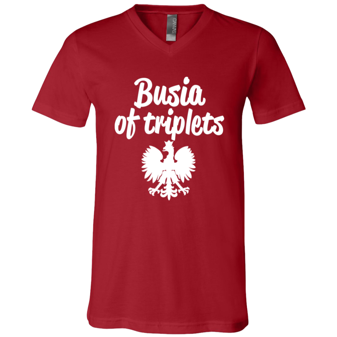 Busia of Triplets Apparel CustomCat 3005 Unisex Jersey SS V-Neck T-Shirt Canvas Red X-Small