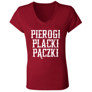 Pierogi Placzki Paczki Tongue-Twisting Tee - B6005 Ladies' Jersey V-Neck T-Shirt / Red / S - Polish Shirt Store