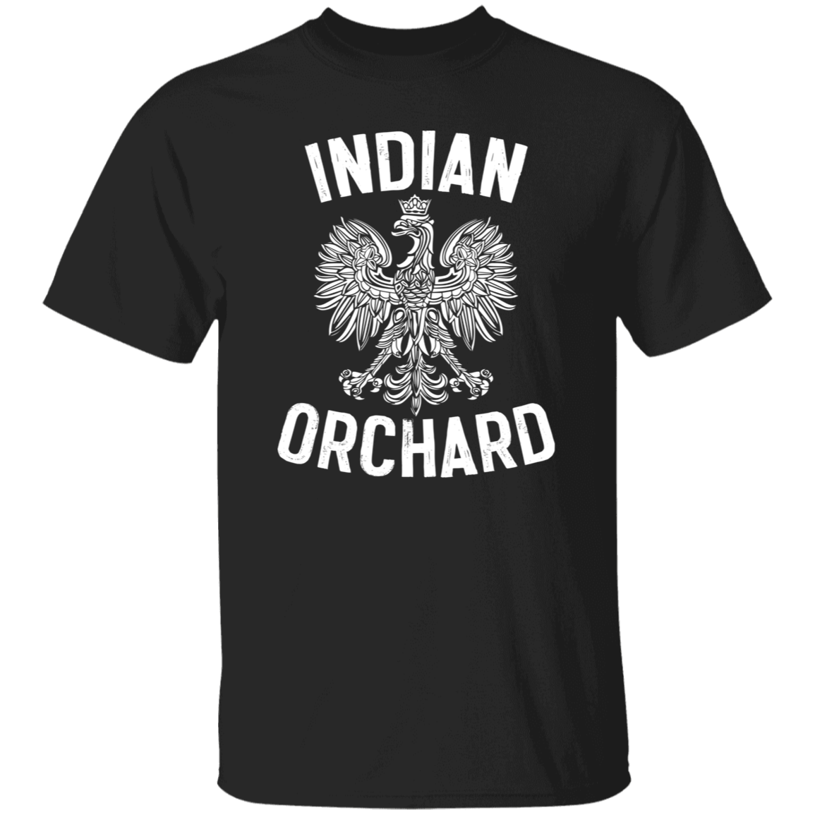 The Indian Orchard black T-shirt displays a bold white crowned eagle with spread wings, placed between “Indian Orchard” in striking capital letters above and below.