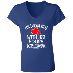 He Won My Heart With His Polish Kielbasa - B6005 Ladies' Jersey V-Neck T-Shirt / True Royal / S - Polish Shirt Store