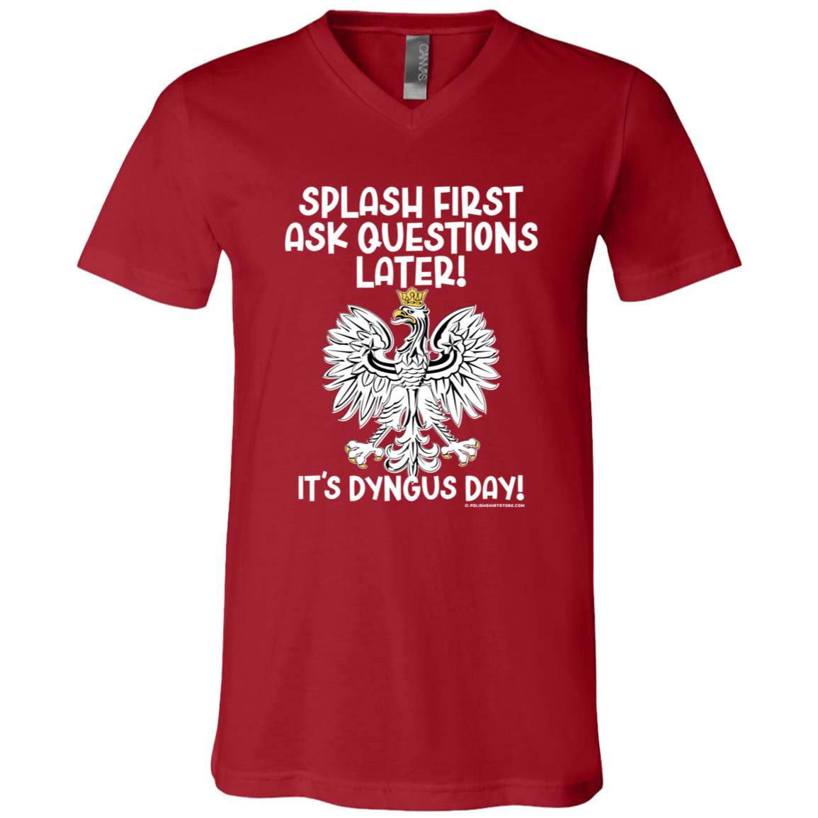 Dyngus Day Splash FIrst Ask Questions Later Apparel CustomCat 3005 Unisex Jersey SS V-Neck T-Shirt Canvas Red X-Small