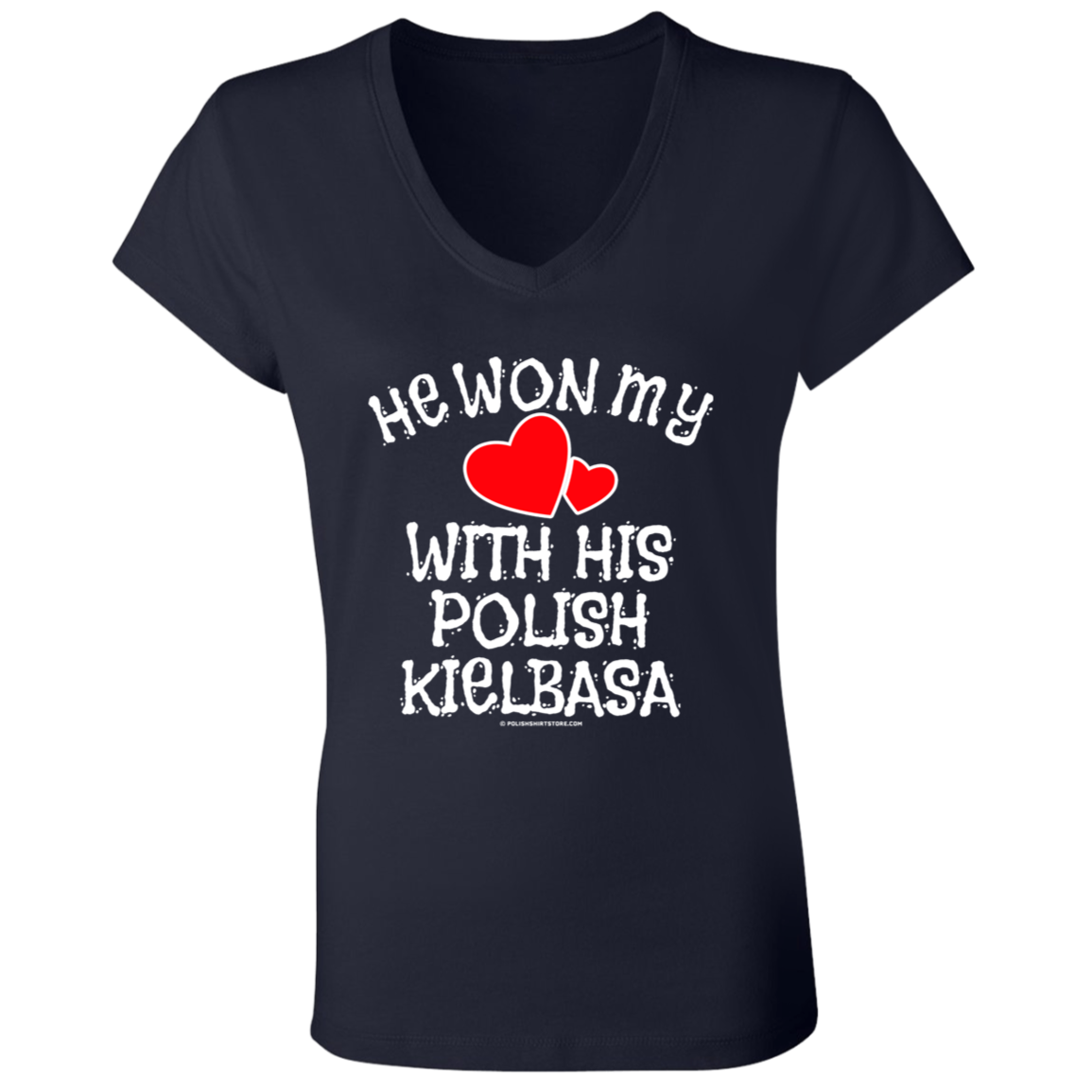 He Won My Heart With His Polish Kielbasa Apparel CustomCat B6005 Ladies' Jersey V-Neck T-Shirt Navy S