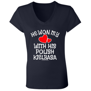 He Won My Heart With His Polish Kielbasa - B6005 Ladies' Jersey V-Neck T-Shirt / Navy / S - Polish Shirt Store