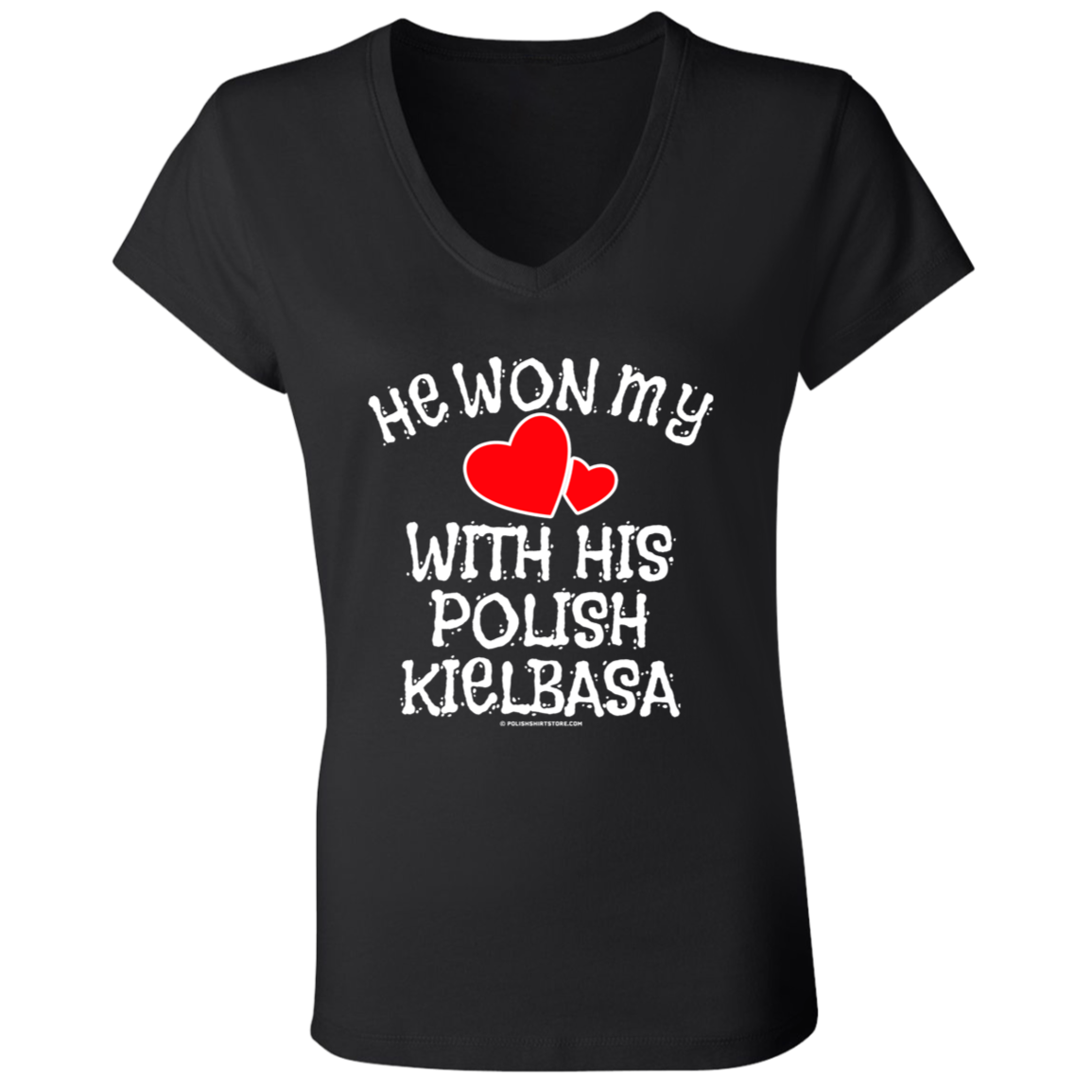 He Won My Heart With His Polish Kielbasa Apparel CustomCat B6005 Ladies' Jersey V-Neck T-Shirt Black S